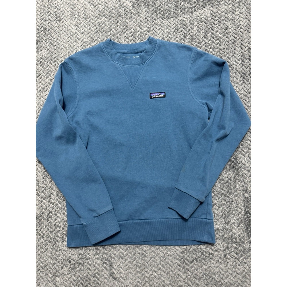 Patagonia Mens Sweatshirt Blue Organic Cotton Crewneck Logo Pullover Size 2XS